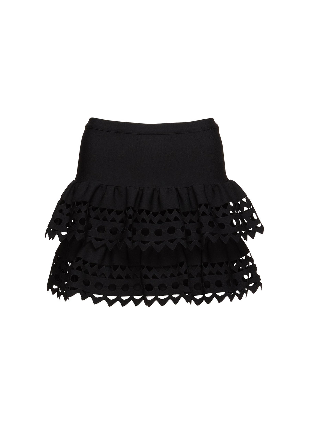 Laser-cut high waist ruffle stretch-knit mini skirt